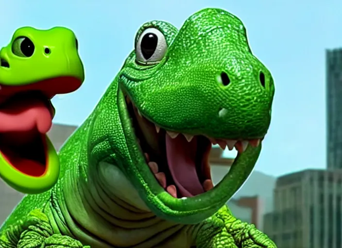 Image similar to film still of yoshi in the new sci - fi movie, cute upright dinosaur with a small turtle shell and long tongue, 8 k