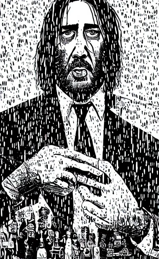 Image similar to mcbess illustration of nicolas cage as john wick in the rain