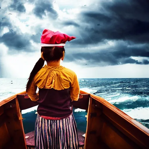 Image similar to a girl is pirate in a ship which is sailing in dark sea sky is dark blue and clouds and thunderstorms coming in far waves are big