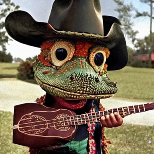Image similar to an alligator playing a banjo and wearing a cowboy hat, vintage Disney
