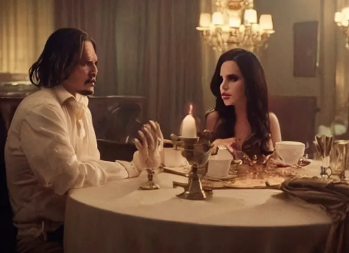 Image similar to movie still of a lana del rey with a big bust sitting at a table with johnny depp, smooth scene transition, directed by Quintin Tarantino