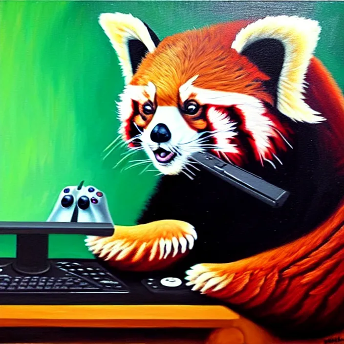 Image similar to an oil painting of a red panda playing video games on a pc, furry, gamer, oil on canvas, cute, highly detailed, soft lighting, pretty