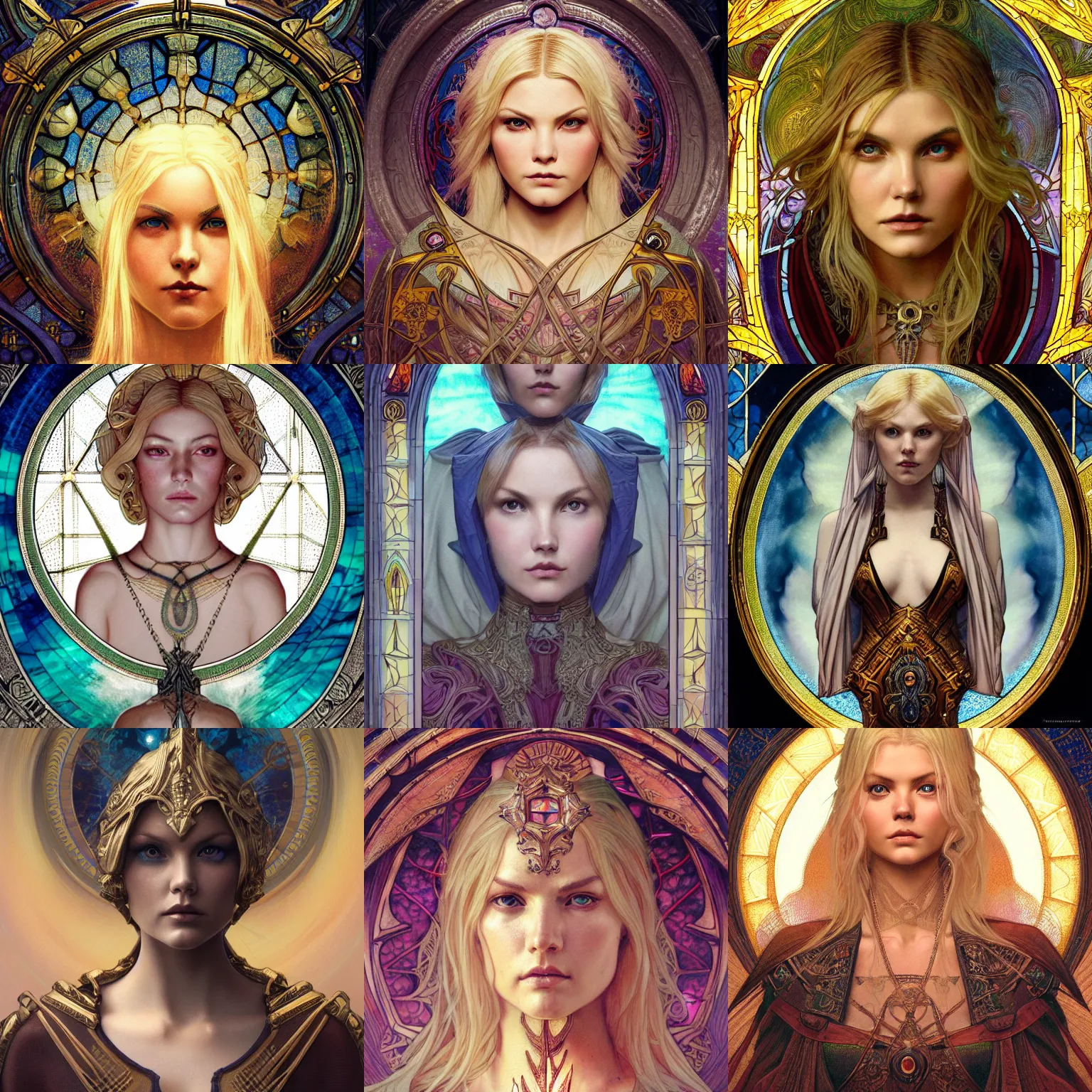 Prompt: masterpiece head-on symmetrical centered portrait, Elisha Cuthbert as a paladin, blonde hair, gothic stained glass style, tarot card style, elegant, distant, in the style of Edgar Maxence and Ross Tran and Zdzisław Beksiński and Michael Whelan and Mucha and Gustave Doré, specular highlights, 8k, octane render