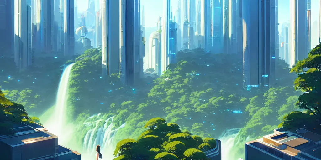 Prompt: futuristic city with tall shiny marble buildings in an evergreen valley, several waterfalls, landscape, global illumination, morning light, radiant light, bird's eye view, by makoto shinkai and lois van baarle, ilya kuvshinov, rossdraws, tom bagshaw