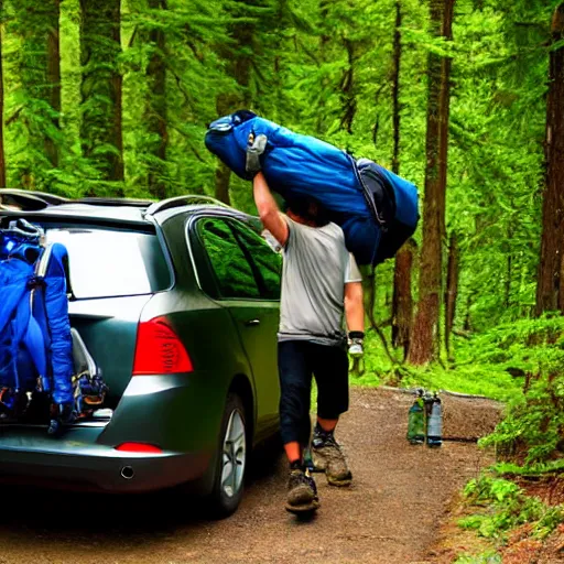 Prompt: hiker unloading the car before camping, style by etienne hebinger