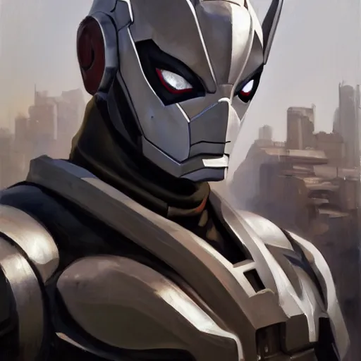 Image similar to greg manchess portrait painting of armored spiderman ultraman grey fox from metal gear cyborg gay japanese - american hybrid as overwatch character, medium shot, asymmetrical, profile picture, organic painting, sunny day, matte painting, bold shapes, hard edges, street art, trending on artstation, by huang guangjian and ail elvgren and sachin teng