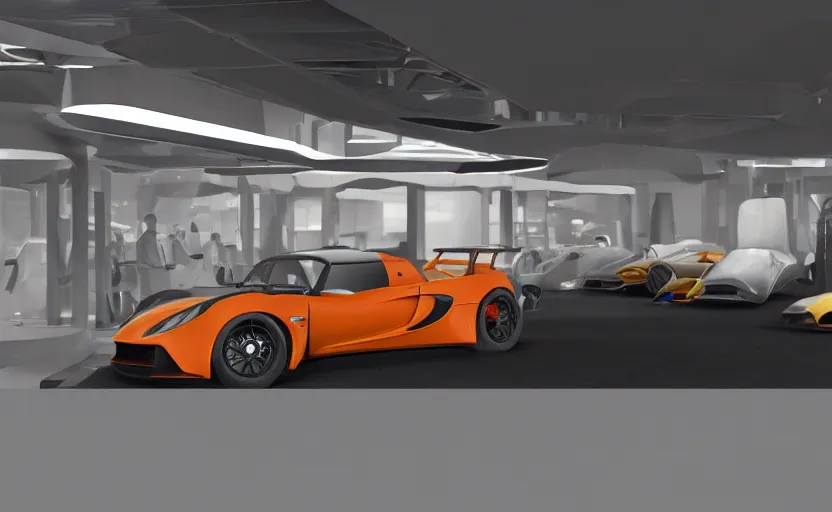 Image similar to futuristic lotus exige ( ( orange ) ) parked within interior view of futuristic auto showroom ( ( frank lloyd wright ) ) luminescent concept art, unreal engine 5, artstation highly detailed, digital art, 8 k hdr, soft lighting, hyperrealistic, godrays