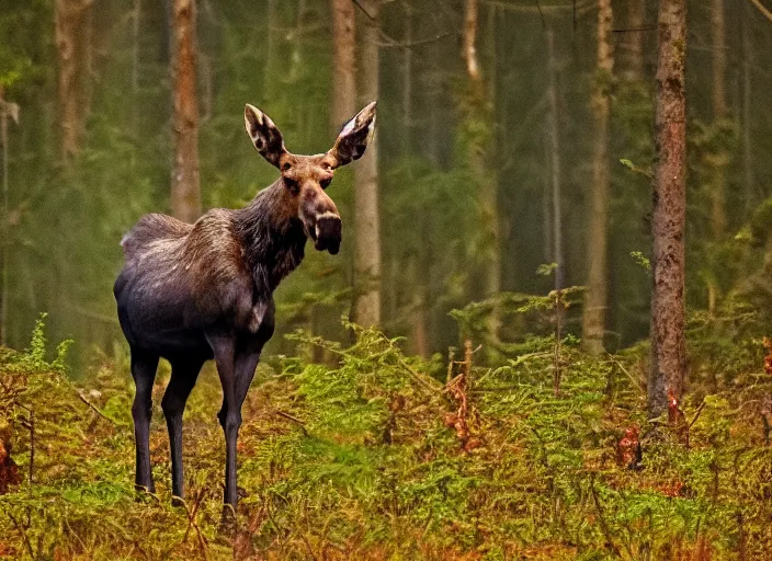 Image similar to an award winning photo of a zombie!! moose with red eyes, full body portrait, evening!! in the forest, 4 k, wildlife photography, high quality, national geographic