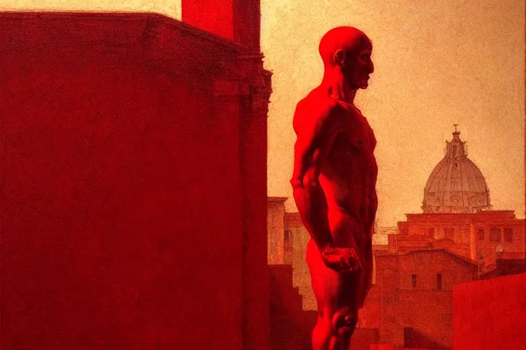 Image similar to only with red, caesar after war, a red tiger, in hoc signo vinces, rome in background, an ancient path, in the style of beksinski, part by hopper, part by rodcenko, part by hofbauer, intricate composition, red by caravaggio, insanely quality, highly detailed, masterpiece, red light, artstation