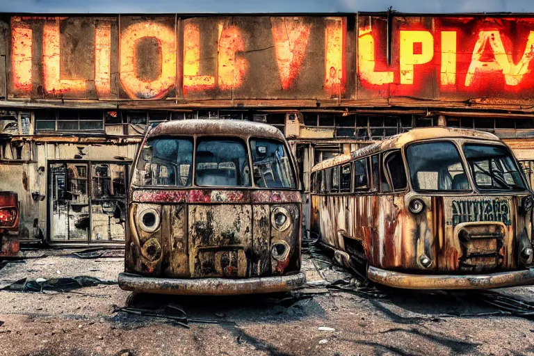 Image similar to low wide angle shot of dilapidated fallout 5, desolate, dilapidated neon signs, few rusted retro futuristic vintage parked vehicles like cars, ( ( ( buses, trucks, trams ) ) ), volumetric lighting, photorealistic, sunny, early evening, golden hour, autumn, sharp focus, ultra detailed, 4 0 0 0 k