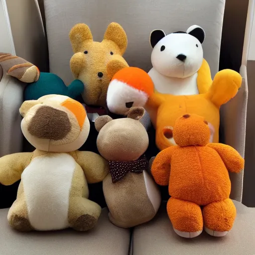 Prompt: a variety of stuffed animals, brown white teal yellow and orange