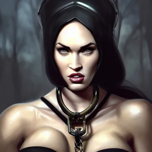 Prompt: portrait of megan fox with ball gag, muscular upper body, collar, greek, jewelry, black dress, fantasy, intricate, elegant, highly detailed, digital painting, artstation, concept art, matte, sharp focus, illustration, art by aenaluck and roberto ferri and greg rutkowski, epic fantasy, digital painting