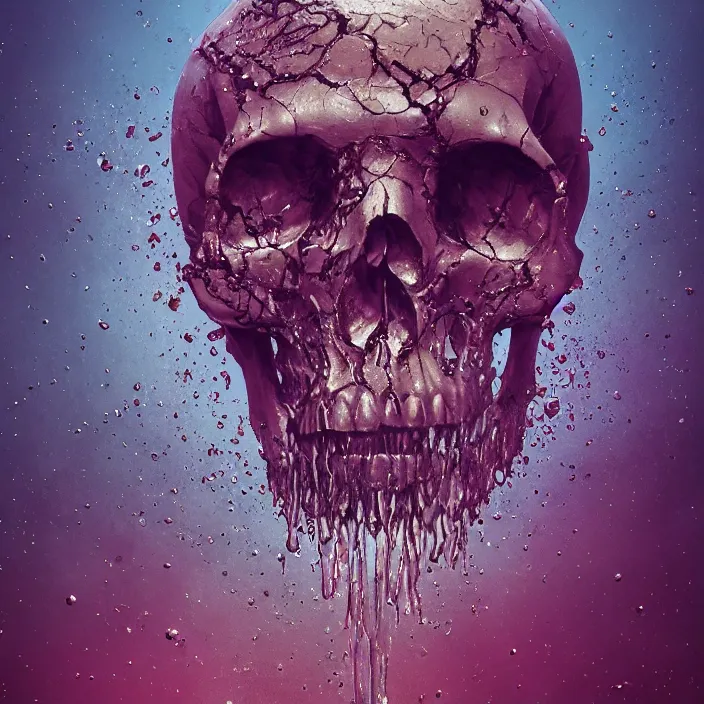 Prompt: a melting dripping human skull. intricate abstract. intricate artwork. by Tooth Wu, wlop, beeple, dan mumford. octane render, trending on artstation, greg rutkowski, coherent, symmetrical artwork. cinematic, hyper realism, high detail, octane render, 8k, depth of field, bokeh. iridescent accents