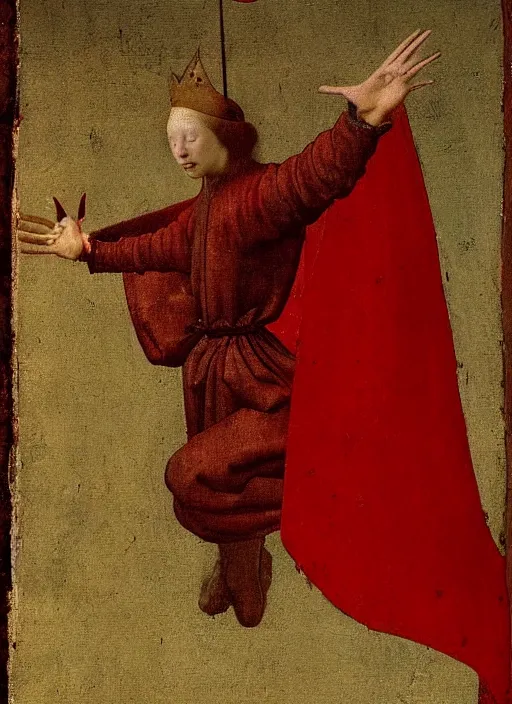 Image similar to Flying Fallen Angel with wings dressed in red, Medieval painting by Jan van Eyck, Johannes Vermeer, Florence