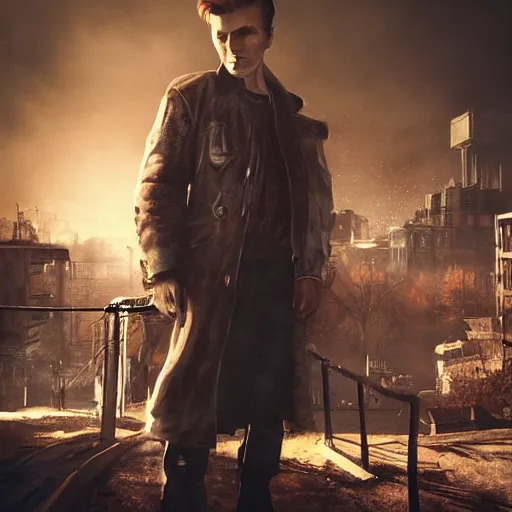 Image similar to fallout 5, charismatic david bowie, portrait, outdoors ruined cityscape, atmospheric lighting, painted, intricate, volumetric lighting, beautiful, daytime, sunny weather, slight overcast, sharp focus, deep colours, ultra detailed, by leesha hannigan, ross tran, thierry doizon, kai carpenter, ignacio fernandez rios