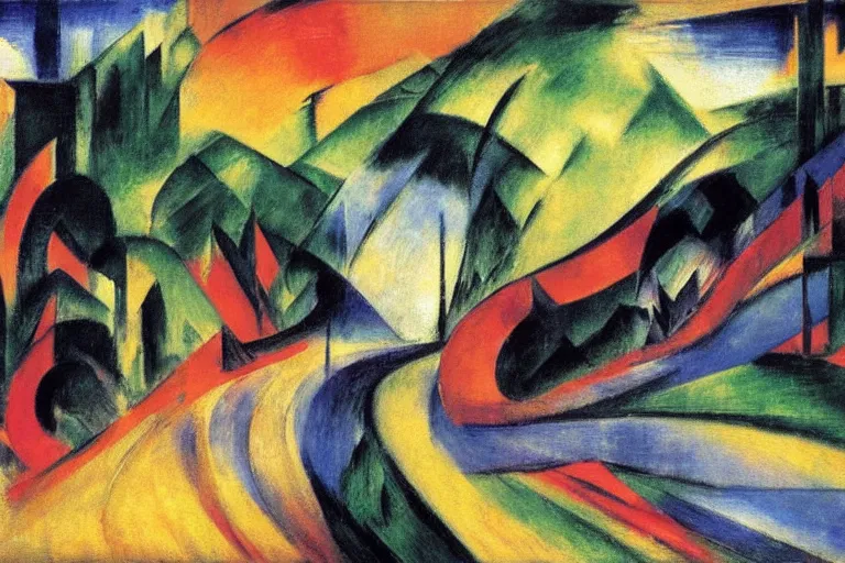 Prompt: watching traffic on a road that does loop - de - loops, a franz marc painting