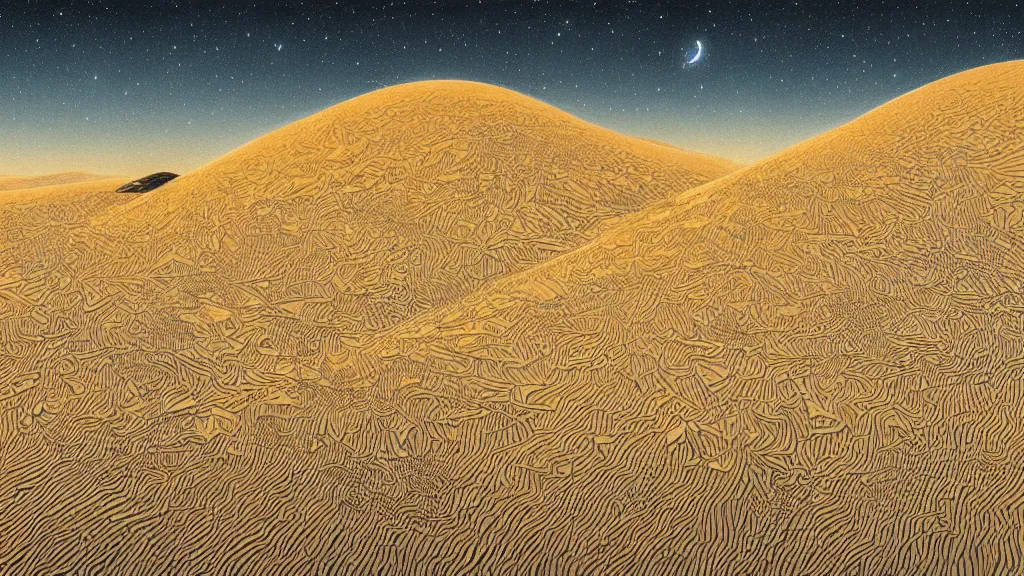 Prompt: highly detailed illustration of high exposure sand dunes at night by moebius, nico delort, oliver vernon, kilian eng, joseph moncada, damon soule, manabu ikeda, kyle hotz, dan mumford, otomo, 4 k resolution