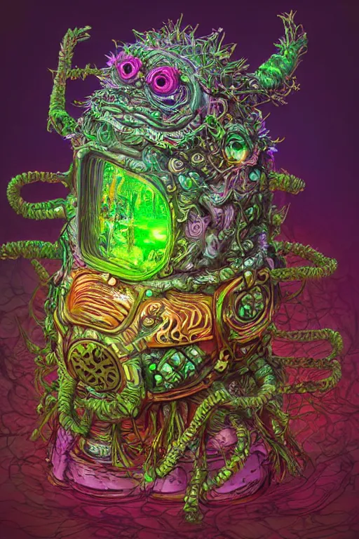 Image similar to creature sushi roots cactus elemental flush of force nature micro world fluo light deepdream a wild amazing steampunk baroque ancient alien creature, intricate detail, colorful digital painting radiating a glowing aura global illumination ray tracing