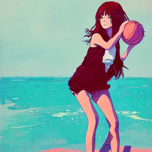 Image similar to anime portrait of young girl playing basketball at the beach by Conrad Roset