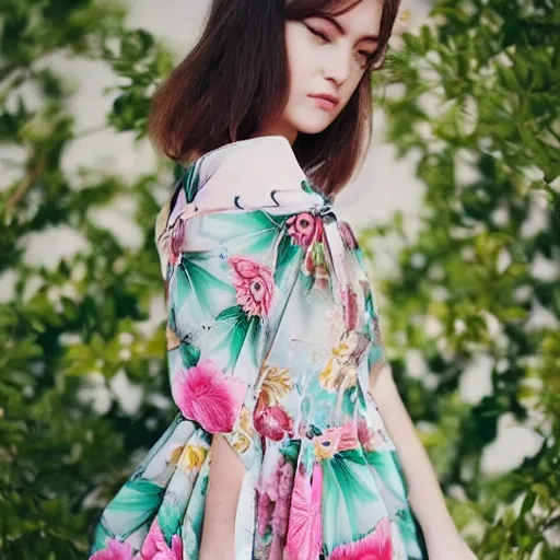 Image similar to a beautiful girl wearing an origami dress eye - level medium shot, fine floral ornaments in cloth and hair, hummingbirds, elegant, by eiko