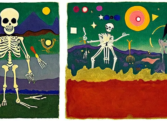 Image similar to pixel decollage painting tarot magician card composition wonky alien skeleton cook chef with knives on a horse in a dark green cloudy night sky with golden foil stars, occult symbols and tears, mountain lake and blossoming field in background, painted by mark rothko, helen frankenthaler, danny fox and hilma af klint, pixelated, neo expressionism