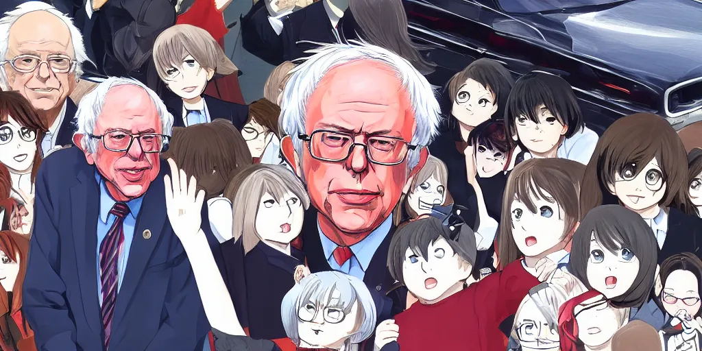 Image similar to bernie sanders, anime, car