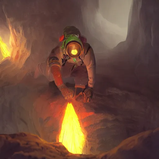 Prompt: deep underground, an explorer holding up a torch finds a cursed gem. , concept art, trending on artstation 3D.