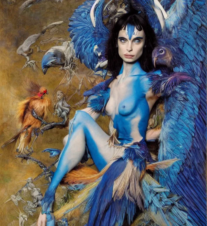 Image similar to a portrait photograph of a meditating fierce krysten ritter as a colorful harpy bird super hero with blue skin. she has many skin grafts and cyborg body modifications. by donato giancola, hans holbein, walton ford, gaston bussiere, peter mohrbacher and brian froud. 8 k, cgsociety, fashion editorial