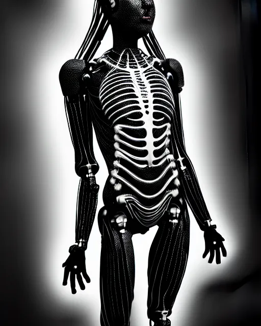 Image similar to black and white cyborg-plant goddess high quality photo, artificial intelligence, bio-mechanical bio-luminescence, artificial spider web, neurons, nerve cells, octane render, cinematic, rim light, hyper realism, photo-realistic, high detail, 8k, in the style of Steven Meisel and Dora Maar and H.G. Giger