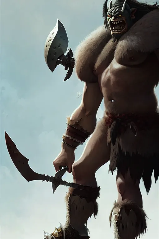 Image similar to orc barbarian wearing leather armor, full body shot, exquisite details, earth magic, mid view, design on a white background, by greg rutkowski, makoto shinkai, takashi takeuchi, studio ghibli