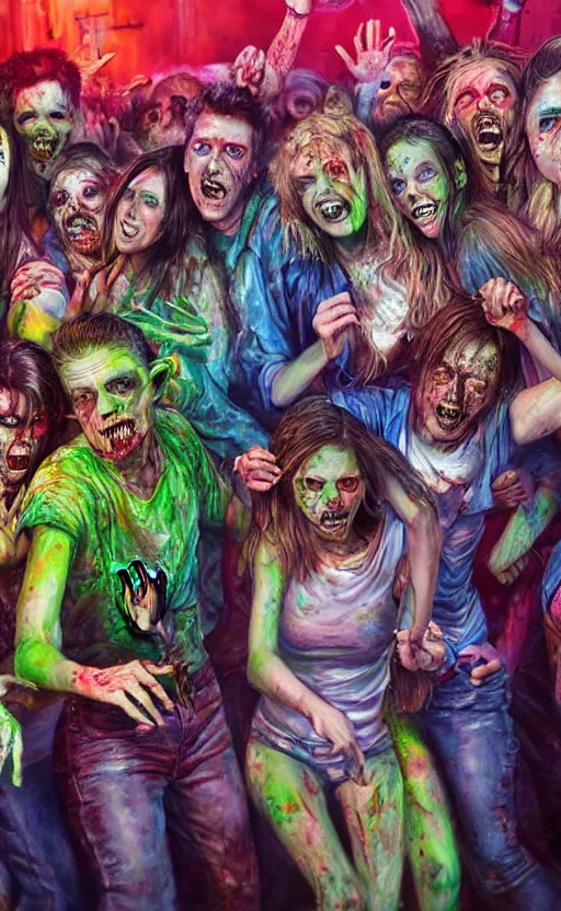 Prompt: beautiful detailed photorealistic painting of a group of friends dressed as zombies, in a club dancing. the friends are happy and having fun. vibrant, high quality, vibrant colors, very funny, beautiful, hq. hd. 4 k. award winning. trending on artstation