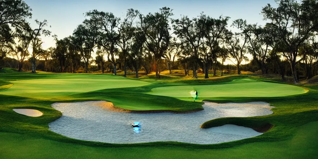 Prompt: a great photograph of the most amazing golf hole in the world, covered with aligators, beautiful ambient light, golf digest, top 1 0 0,