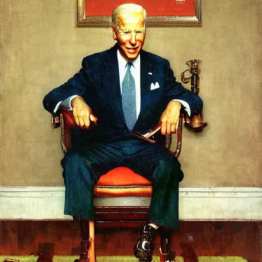 Image similar to eye level portrait painting by Norman Rockwell of Joe Biden sitting in a chair at a 45 degree angle from the camera. Cozy fire. Legs apart