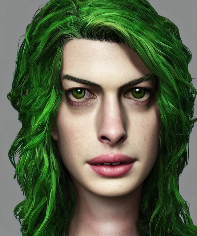 Image similar to anne hathaway as shehulk, au naturel, hyper detailed, digital art, trending in artstation, cinematic lighting, studio quality, smooth render, unreal engine 5 rendered, octane rendered