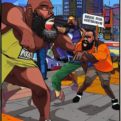 Prompt: mr. t fighting kimbo slice in city street traffic, intricate complexity, extremely detailed, very sharp,