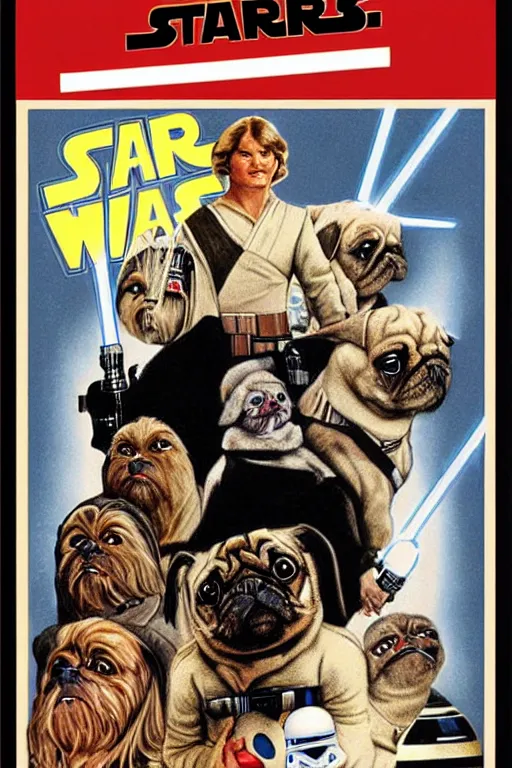 Image similar to vintage 1 9 7 7 star wars episode iv a new hope movie poster, with pugs instead of people