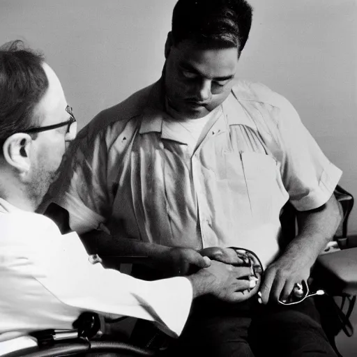 Image similar to a man sitting on a chair having his blood pressure measured by a doctor, color photo