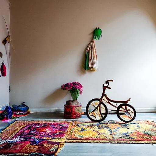 Prompt: “a dim darkened parlor pierced by a morning ray of sun with dust floating gently through the light and a small colorful tattered Persian throw rug scattered with children blocks, an old tricycle in the corner of the room. Very low energy. Bokeh. 4K.”