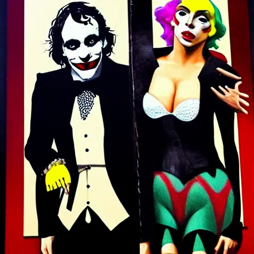 Image similar to richard hamilton and mimmo rottela and banksy as joaquin phoenix skinny joker holding hand lady gaga harley queen, ultra photorealistic, intricate details, pop art style, baroque, baroque, balance composition, concept art, ultrarealistic, 3 colors, smooth, sharp focus