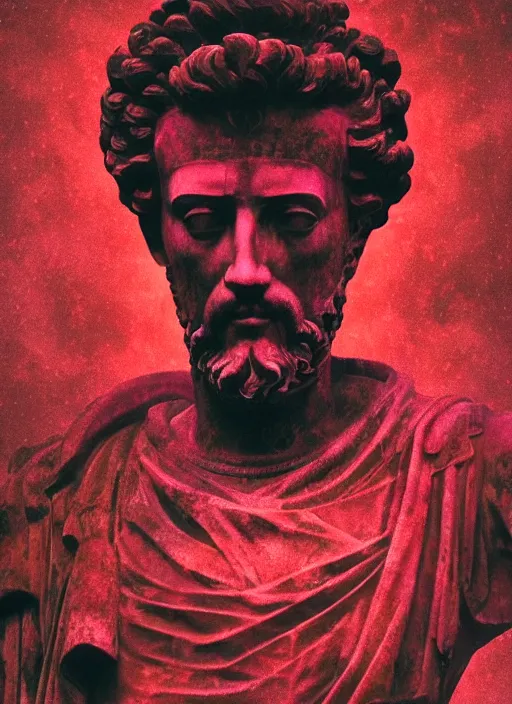 Prompt: black background with very subtle red and purple design elements, statue of marcus aurelius, powerful, nekro, graphic design, collage art, thin lines, dark, glitch art, neo vaporwave, gritty, layout frame, square, trending on artstation