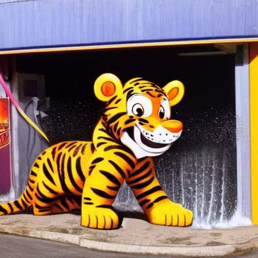 Prompt: tony the tiger at a carwash, realistic