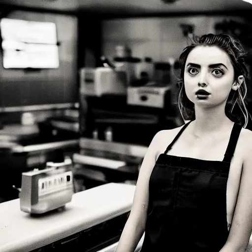 Image similar to ana de armas portrait working in a fast food restaurant, in a cinematic cyberpunk style, 3 5 mm