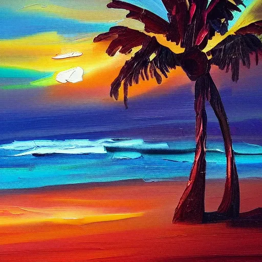 Image similar to a very very small island! beautiful woman!! palm trees, dark very late evening cloudy sunset, dramatic and dynamic lighting, thick brush strokes oil impasto painting