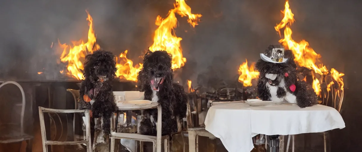 Image similar to a photograph (flash on) of a relaxed anthropomorphic dog sitting on a chair at a dinner table (no fire at all there), surrounded by flames, cup of coffee on the table, huge fire on this dining room in the background, a lot of flames behind the dog, black smoke instead of the ceiling, no watermark