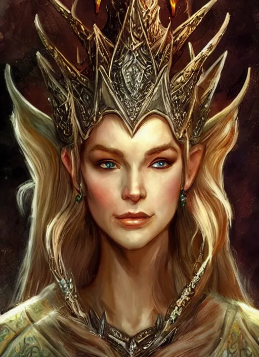 Image similar to elegant elven king wearing a crown, ultra detailed fantasy, dndbeyond, bright, colourful, realistic, dnd character portrait, full body, pathfinder, pinterest, art by ralph horsley, dnd, rpg, lotr game design fanart by concept art, behance hd, artstation, deviantart, hdr render in unreal engine 5