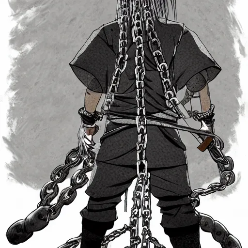 Prompt: A FULL BODY PORTRAIT FROM BEHIND OF MADARA UCHICHA ,THE MAN KEEPS A KUSARIGAMA AND IT IS WRAPPED IN CHAINS ,detailed, concept art, ink style , sketch