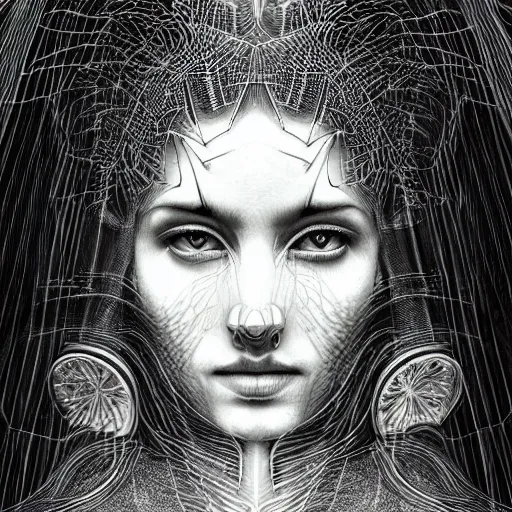 Image similar to hyper detailed bw linear pencil drawing, woman portrait, cyberpunk, organic symmetric shapes by ernst haeckel