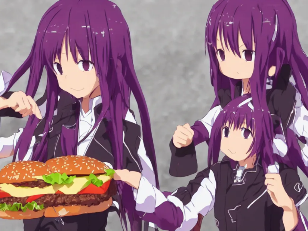 Image similar to yuuki konno from sword art online eating a big burger and being happy, purple hair, High Definition detail, 8K, anime