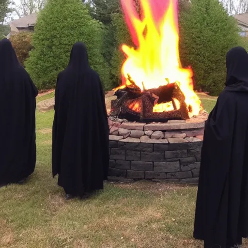 Image similar to a cult of black cloak wearing individuals summon a demonic kitten from the depths of a raging fire pit. Flames are emerging from fissures in the ground.