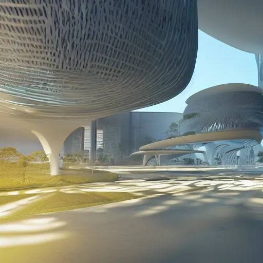 Image similar to decentralized city design, futuristic, parametric, algorithmic design, octane render.